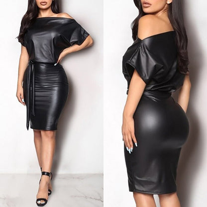 Leather Black Crew Neck Bodycon Bandage Mini Dress