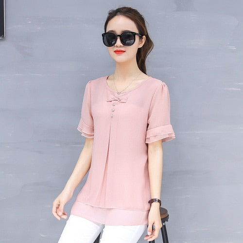 O-neck Short Sleeve Chiffon Blouse Top Female