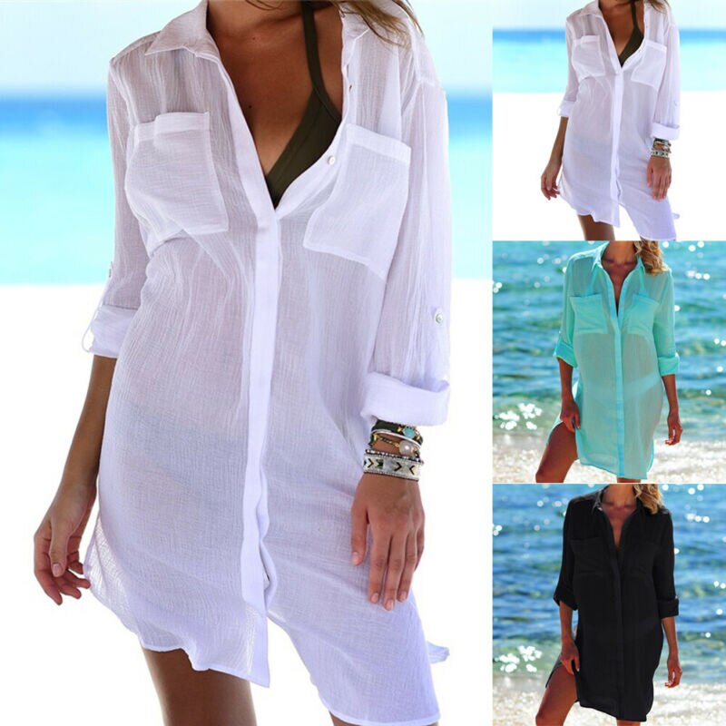 New 2020 Summer Women Summer Bikini Cover Up Beach Mini Dress Swimwear Bathing Long Top Shirts