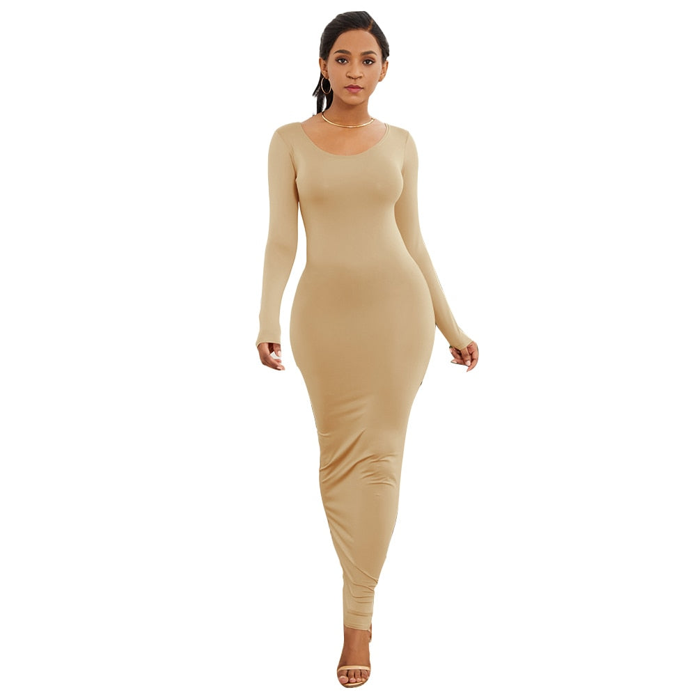 HOT SALES!!! Spring Autumn Sexy Women Solid Color Long Sleeve Round Neck Bodycon Maxi Dress evening party dress sexy comfortable