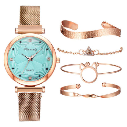 5pcs Set Women Luxury Magnet Buckle Flower Rhinestone Watch Ladies Quartz Wrist Watch Bracelet Set