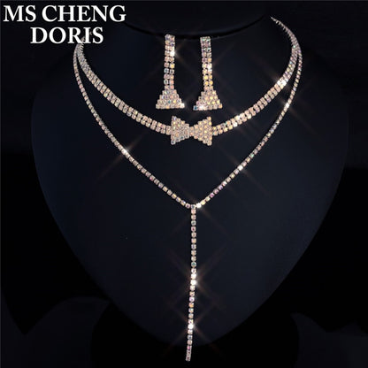 Water Drop Rhinestone Long Pendant Full Crystal Silver Plated Necklace &amp; Earrings Elegant Bridal Wedding Jewelry Set