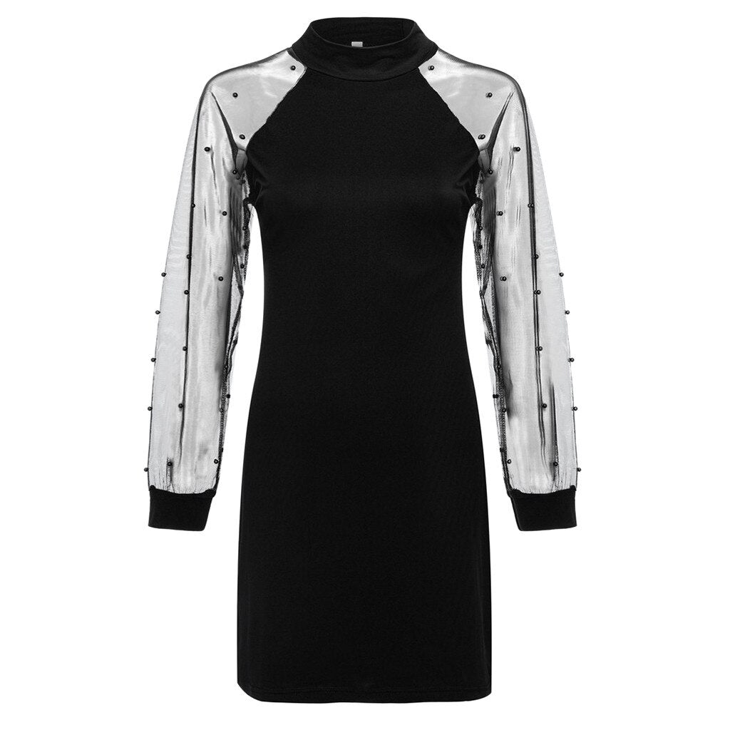 Women Elegant Dress Turtleneck Black Dress Pearl Beading Mesh Sleeve Long Sleeve Dress A-Line Mini Party Dresses vestidos