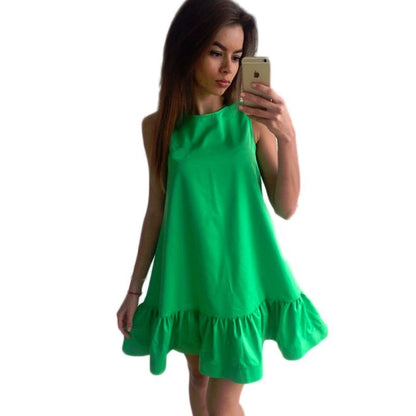 Summer Women O-Neck Sleeveless Solid Ruffle Mini Dress Sexy Lady Streetwear Loose Party Vestidos WDC7129