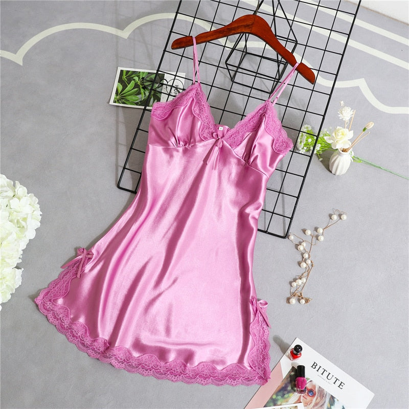 Night Dress Women Sexy Sleepwear Lace Summer Nightdress Homewear Nightwear Silk Sleeveless Women's Nightgown Size M-XXL Dresses