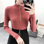 Zipper Turtleneck Knitted Sweater Casual Ribbed Knit Sweaters Pullovers Knitwear