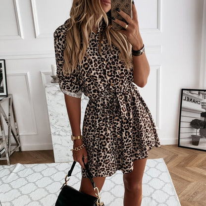 Leopard Shirt Dress Long Sleeve Turn-down Collar Sashes Mini Dress Single Button