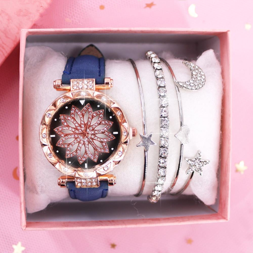 Ladies Watch Bracelet Set With Box Leather Strap Quartz Wristwatch Diamond Watches