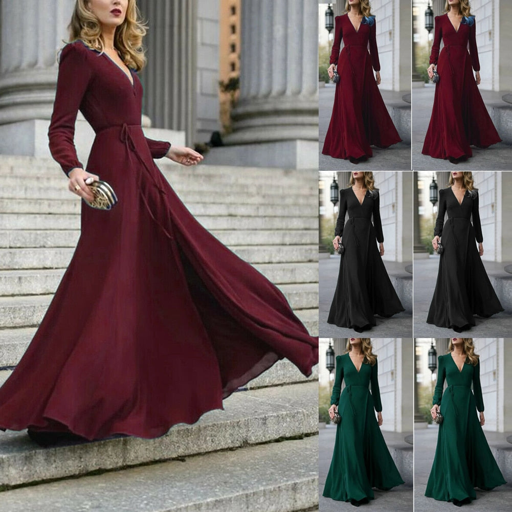 Sexy V Neck Long Sleeve Formal Maxi Dress Solid color Bandage Office Ladies Evening Party Prom Gown Women Autumn Dresses