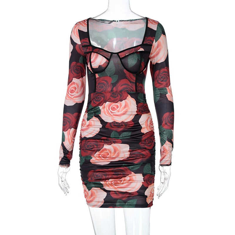 Floral Print Patchwork Women Long Sleeve Mini Dress