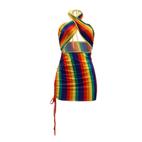 Sexy Rainbow Striped Tie Dye Halter Bodycon Dress Backless Women&#39;s Boobs Wrap Pencil Mini Dresses Party Night Clubwear Summer
