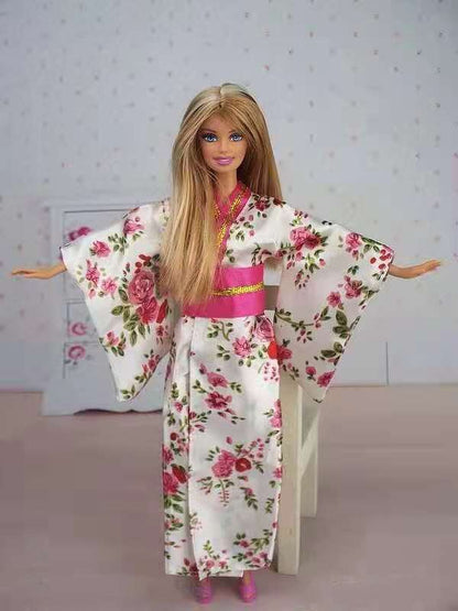 11.5&quot; Cosplay Pink Japanese Robe Traditional Kimono Doll Dress For Barbie Clothes Long Yukata Costume 1/6 BJD Accessories Toys