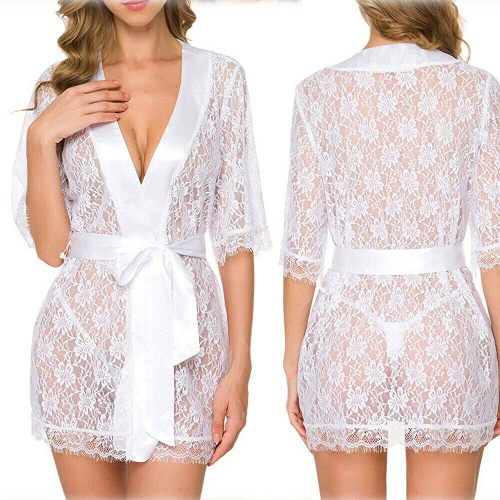 Sheer Mesh Nightgown Floral Lace Robes Lingerie Female Sexy See Through Robes