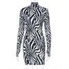 Zebra Print Backless Hollow Out High Neck Women Long Sleeve Mini Dress