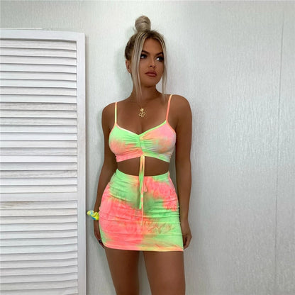 Fashion spaghetti straps tie dye print sexy drawstring camis tops+skirts 2020 summer women Ladies party club