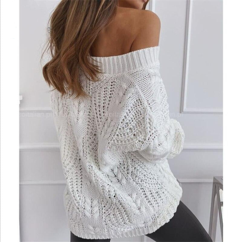 Hollow Out Design V-Neck Long Sleeve Solid Color Casual Loose Pullovers Top