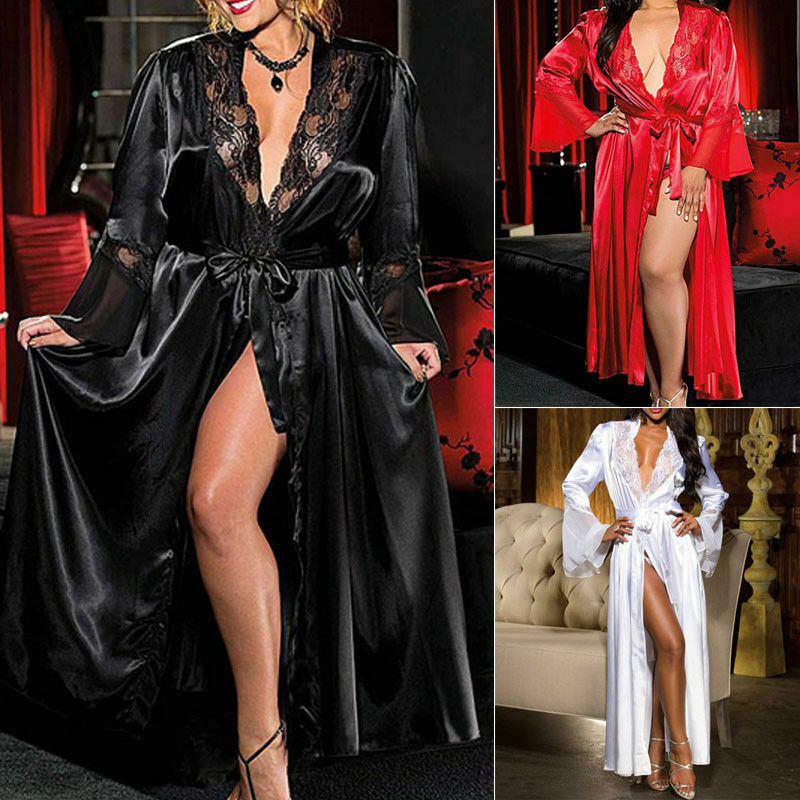 Satin Silk Lace Patchwork Gown Bathrobes G-string Long Nightdress Lingerie Kimono Robe with Belt