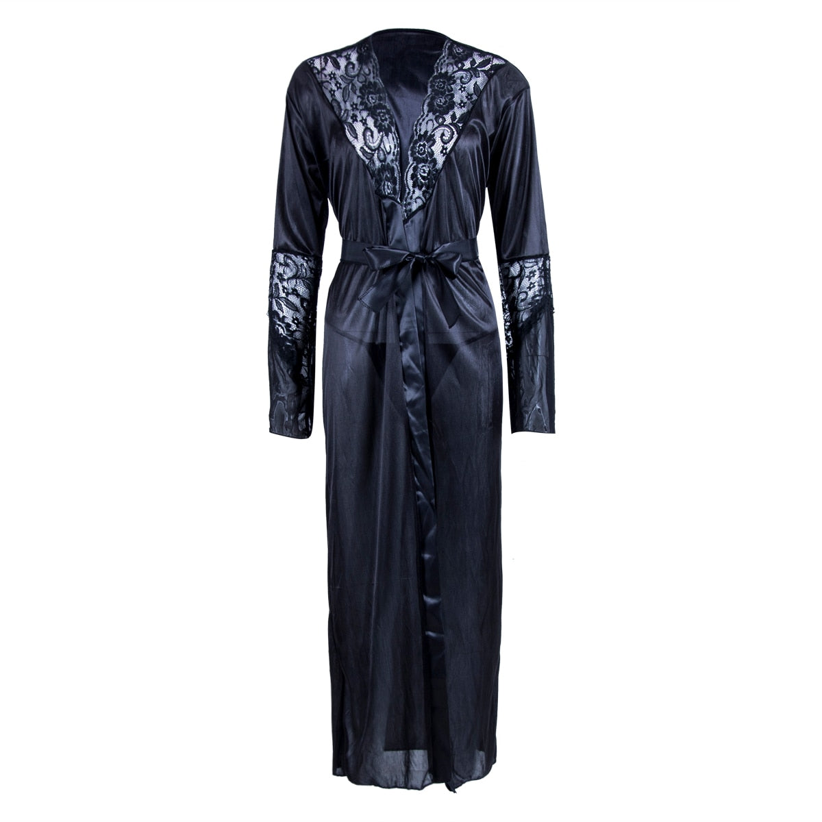 Satin Silk Lace Patchwork Gown Bathrobes G-string Long Nightdress Lingerie Kimono Robe with Belt