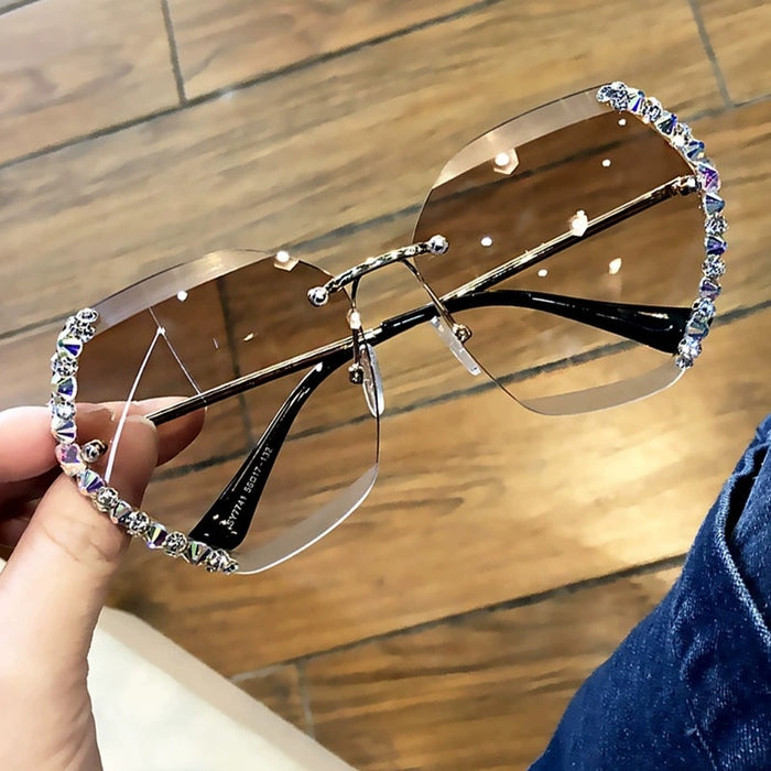 Oversized Rimless Diamond Square Sun Glasses For Female