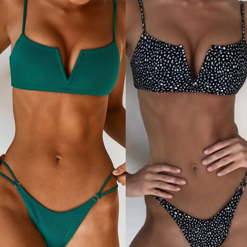 low waist beach wear set  Swimwear swimming suit for women V type top split swimsuit thong bikinis