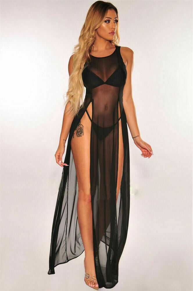 Mesh Sheer See Through Sexy Beach Dress Sleeveless Split Maxi Dress Swimsuit Sarong Bikini Cover Ups