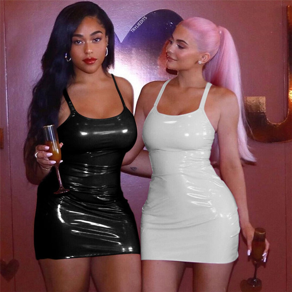 2022 Sexy Backless Club Party Dress Women Solid Black Wet Look Latex Bodycon Faux Leather Push Up Bra Mini Micro Summer Dress