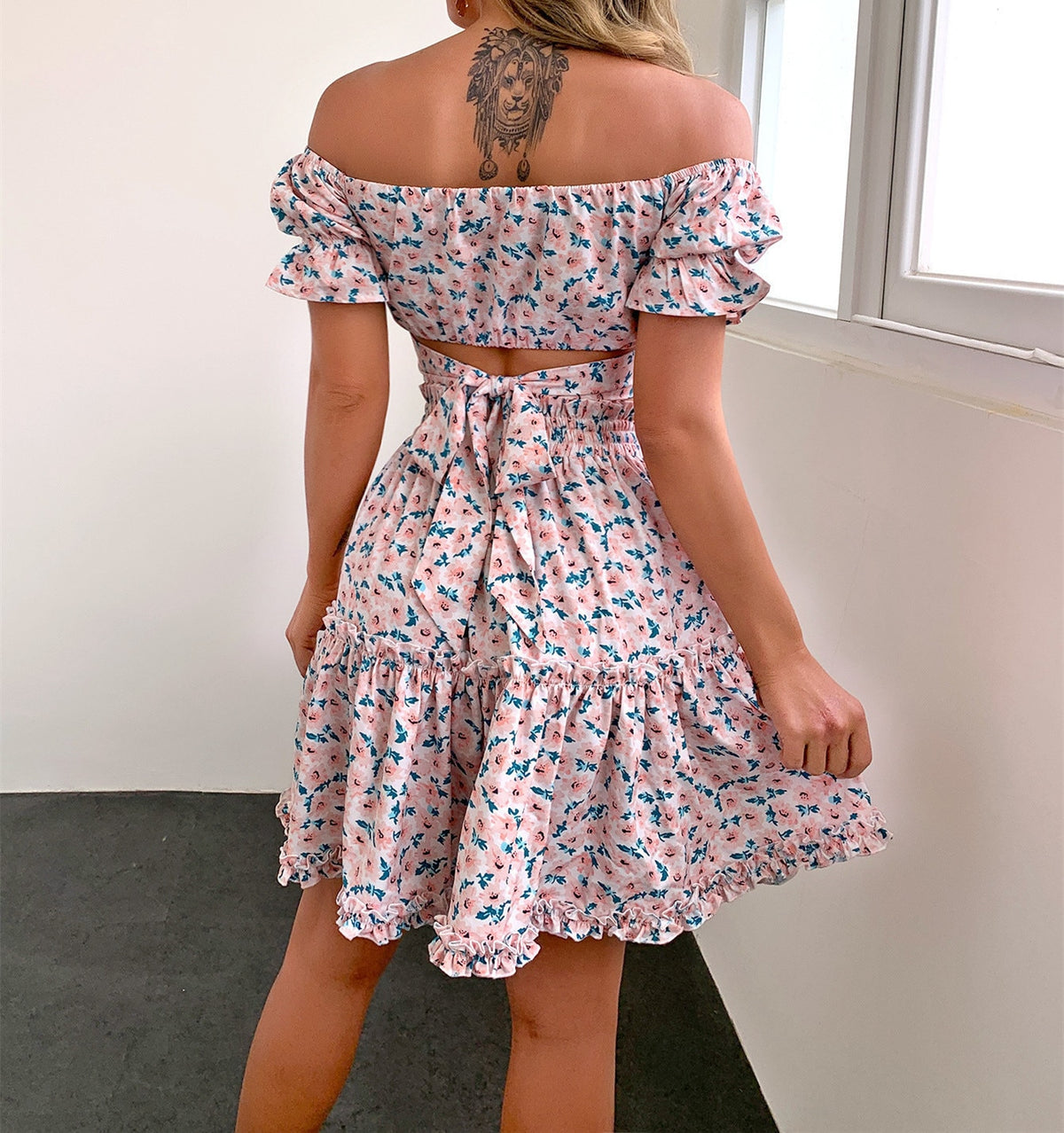 Women Summer Bohemian Floral Skirts Set Off Shoulder Short Sleeve Crop Tops + A-line Skirt 2Pcs Sets Female Two Piece Set
