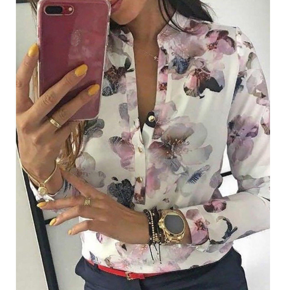 Office Shirt Floral Printed Shirt Casual Long Sleeve Round Collar Tops