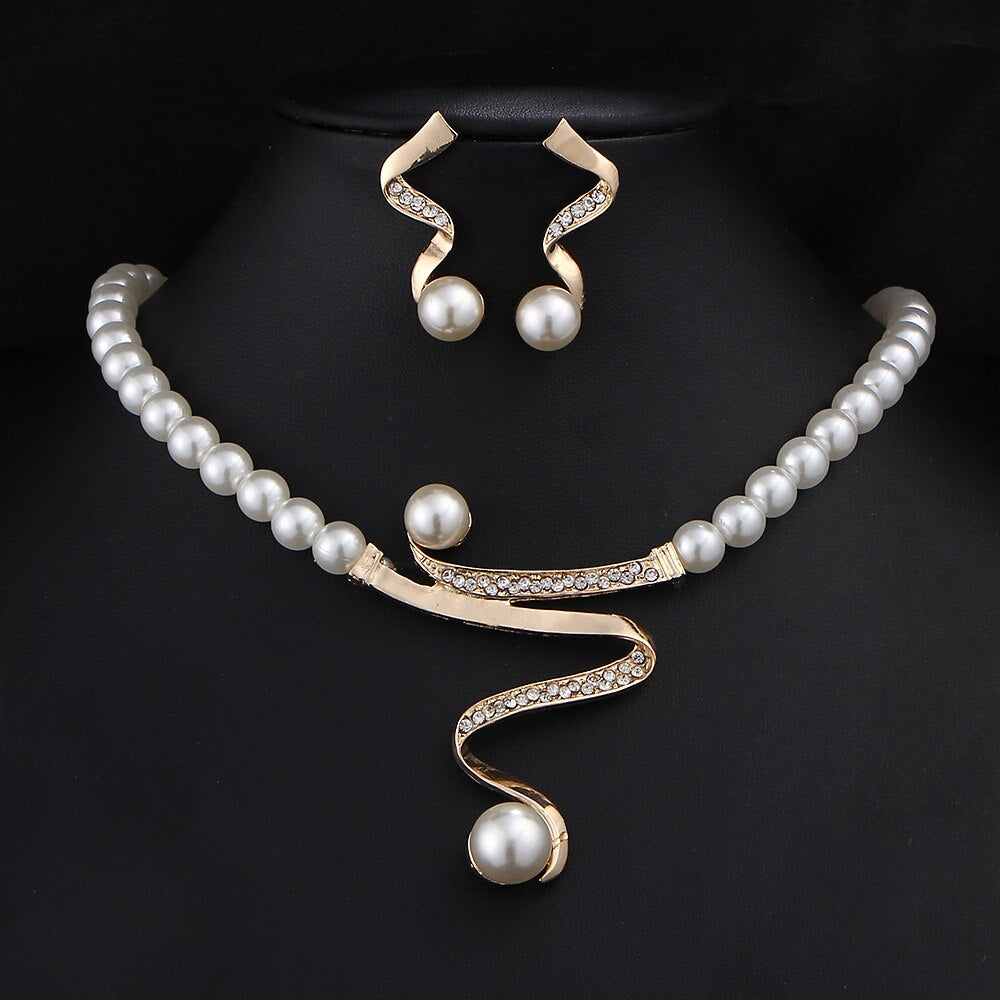 TREAZY Elegant Simulated-pearl Bridal Jewelry Sets Rhinestone Pearl Drop NECKLACE+EARRINGS Wedding Jewelry Sets for Women Gifts