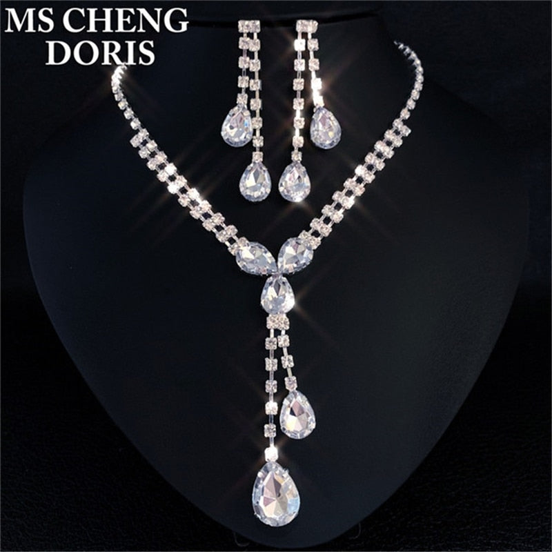 Water Drop Rhinestone Long Pendant Full Crystal Silver Plated Necklace &amp; Earrings Elegant Bridal Wedding Jewelry Set