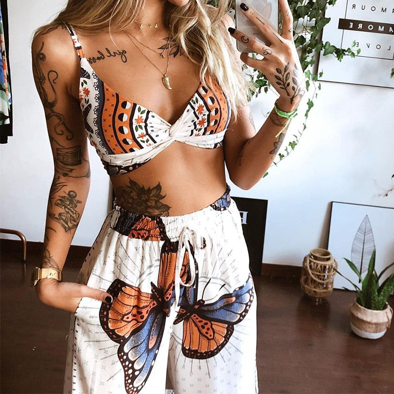 2022 Summer Women Fashion 2 Pieces Set Boho Print Sexy Sleeveless Crop Top Loose Wide Leg Pants Suits Female Clothing