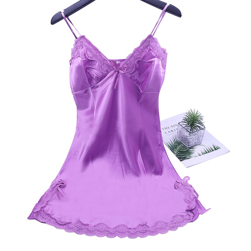 Deep V Lace Sleepwear Lingerie Silk Nightgown Sleeveless Nightdress Nightwear