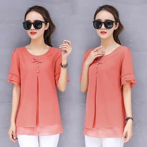 O-neck Short Sleeve Chiffon Blouse Top Female