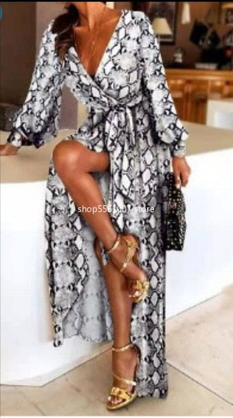 2021 Summer Sexy Fashion Women V-neck Long Sleeve Printing Long Dress Woman Dresses