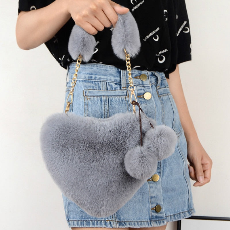 Faux plush heart-shaped shoulder bag