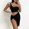 Sexy One Shoulder Two Piece Set Solid bandage Bodycon 2 Piece Set Women Sleeveless Crop Top And Skirt Summer Set