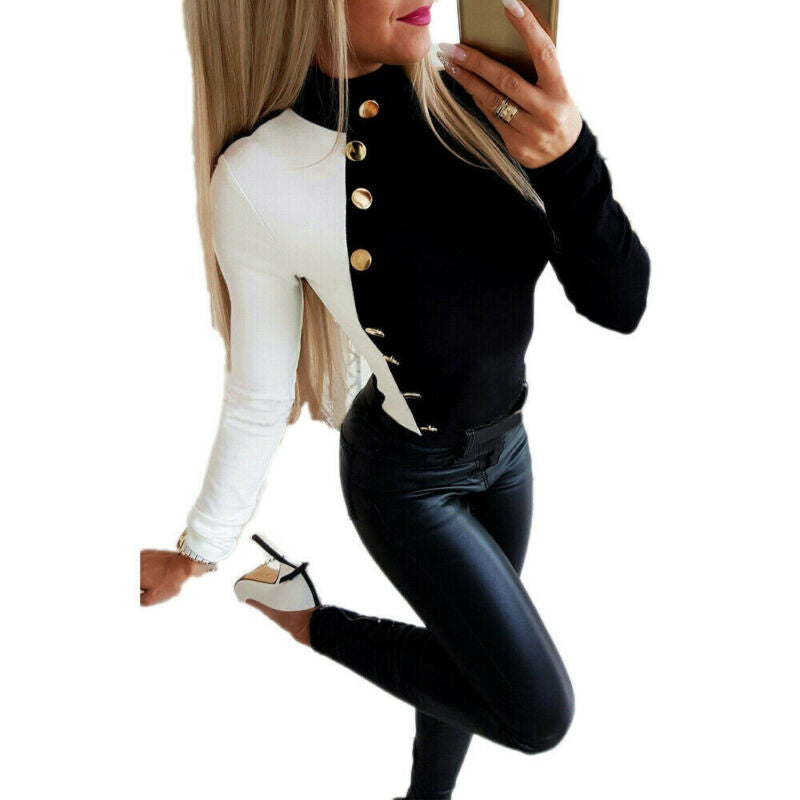 Long Sleeve Buttons Solid Turtleneck Stretch Sweater Pullovers Tops