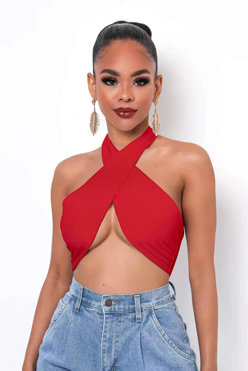 Women Strappy Cross Over Front Cut Out Halter Neck Sleeveless Backless Wrap Crop Top Bandage Vest Summer Sexy Tops Woman Clothes