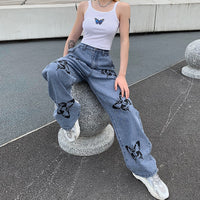Women&#39;s High Waisted Jeans Butterfly Print Straight Wide Leg Denim Pants Baggy Loose Casual Trousers Streetwear