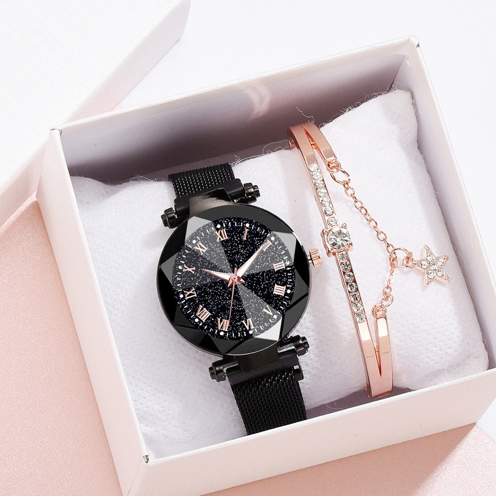 Rose Gold Starry Sky Fashion Women's Quartz Wristwatch Bracelet box Set