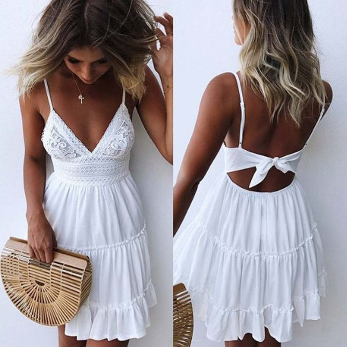 Women Summer Dress Sexy Bow Backless V-neck Mini Dress White Evening Party Ruffle Dresses Summer Beach Sundress Robe Longue