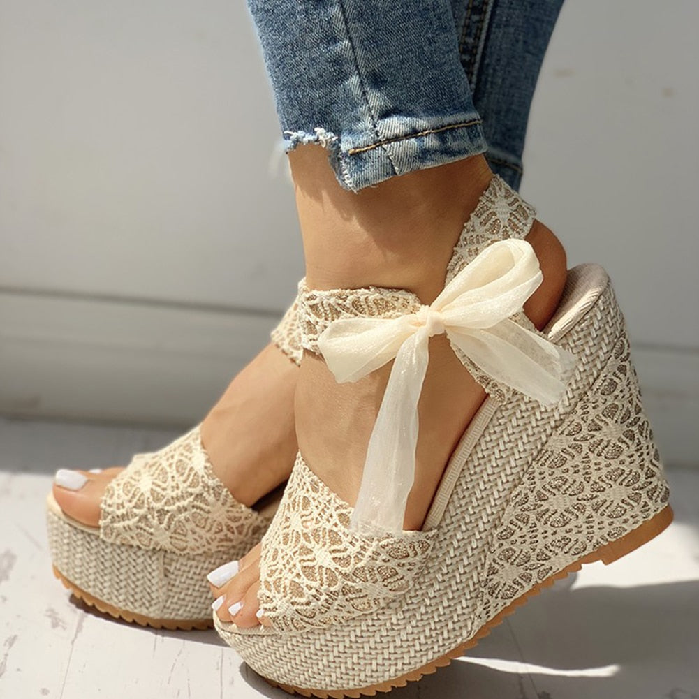 INS hot lace Leisure Women Wedges heeled women Shoes 2020 Summer Sandals Party Platform High Heels Shoes Woman