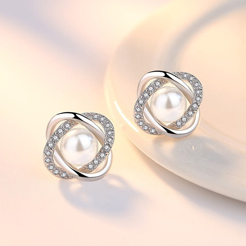 925 Sterling Silver High Quality Crystal Zircon Pearl Flower Retro Earrings