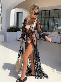 Summer Women Beach Dress Cover-Ups Sexy Beach Outing Swimwear Cover Perspective Long Cardigan Tops