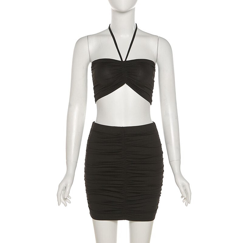 hirigin Two Pieces Set Women Bandage Drawstring Halter Top+Mini Stacked Skirt Matching Elegant Summer Trend Outfits