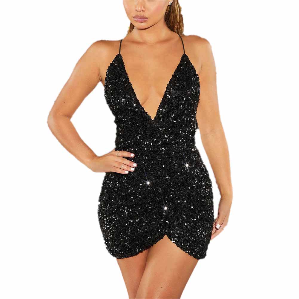 Women's Spaghetti Strap Deep V Neck Sequins Glitter Short Dress