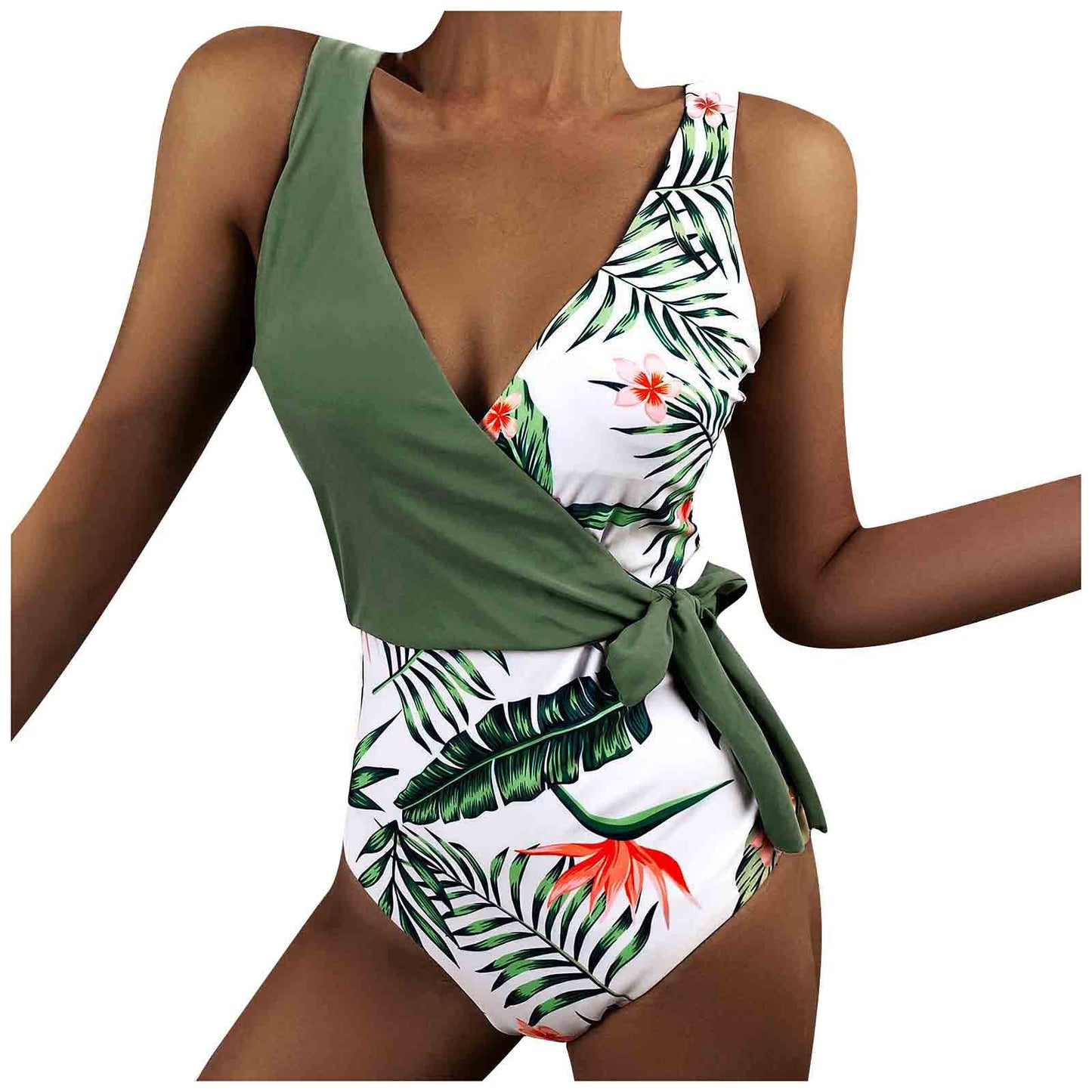 Floral Plant Printing One piece Belt Swimsuit Bathing Suit Beach Swimwear