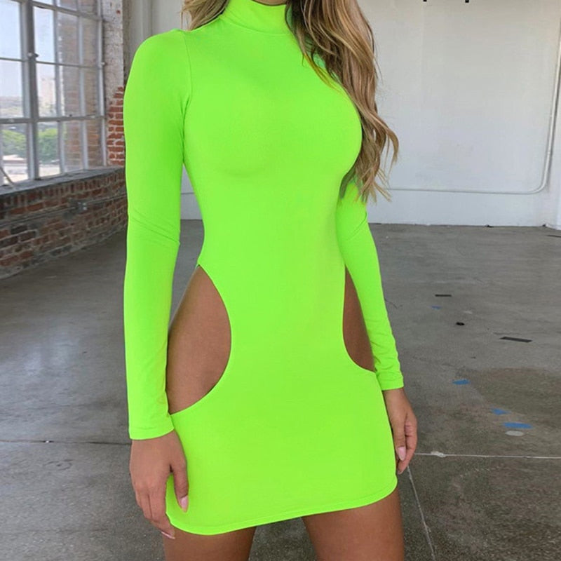 Women Summer Fluorescent Bodycon Mini Dress Cutout Long Sleeves Sexy Hollow Streetwear Party Dresses Female Clothing