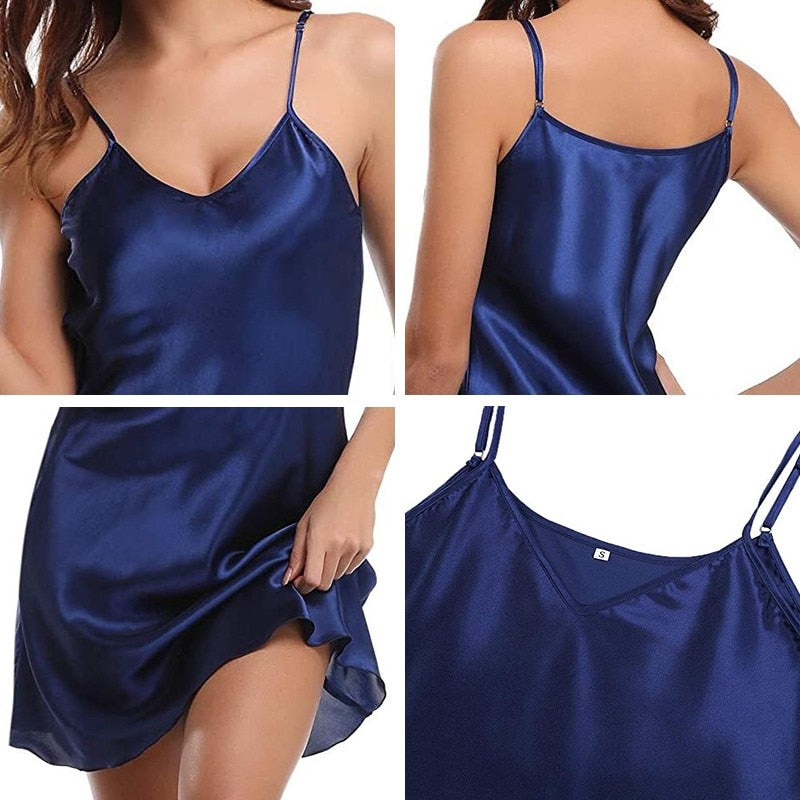 Satin Nightgown Lady Sexy Spaghetti Strap Night Dress Nighties Sleeveless Sleepwear