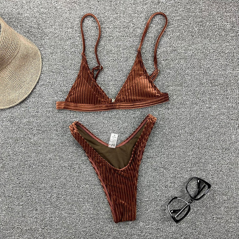 Sexy velvet ribbed swimsuit women Triangle micro bikini set High cut swimming Bathing suit Beachwear